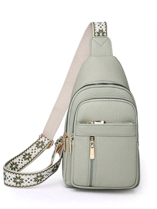 Handbags - Sling Crossbody Bag in Sage Green with Patterned Strap